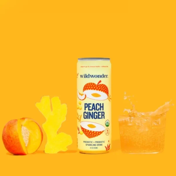 WildWonder Peach Ginger Sparkling Prebiotic + Probiotic Drink (12 Cans) - Image 4