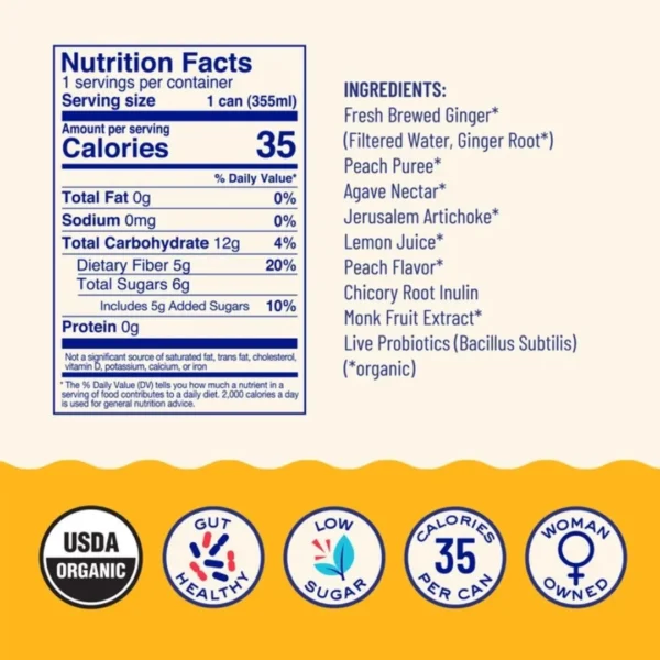 WildWonder Peach Ginger Sparkling Prebiotic + Probiotic Drink (12 Cans) - Image 3