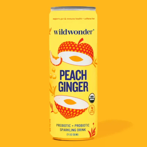 WildWonder Peach Ginger Sparkling Prebiotic + Probiotic Drink (12 Cans)