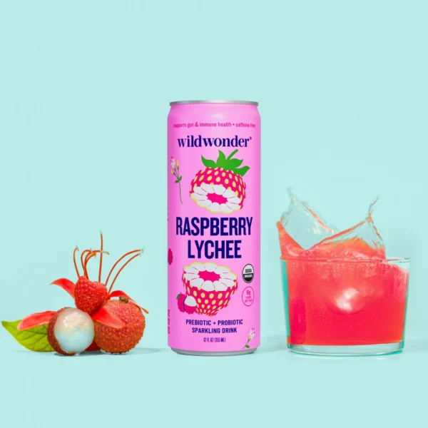 Raspberry Lychee Sparkling Prebiotic + Probiotic Drink (12 Cans) - Image 2