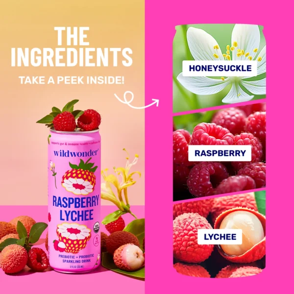 Raspberry Lychee Sparkling Prebiotic + Probiotic Drink (12 Cans) - Image 4